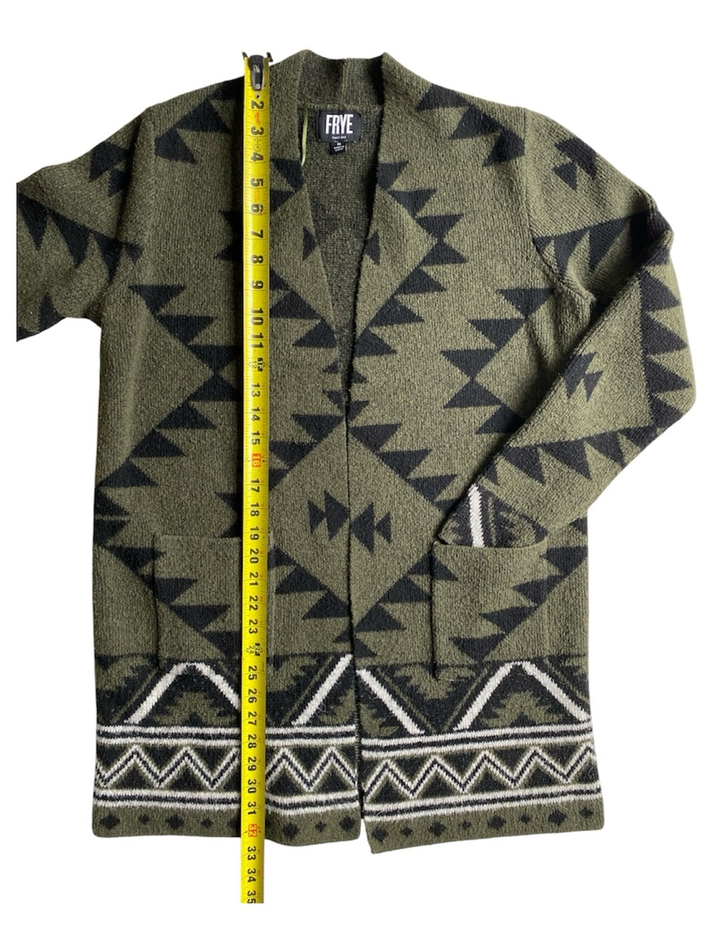 Frye Olive Green Aztec Southwestern Fuzzy Knit Open Front Cardigan Sweater M - Picture 3 of 7